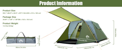 Night Cat Cabin Tent with Vestibule: 3 Persons Pop Up Camping Tent Double Layers Easy Quick Setup Waterproof