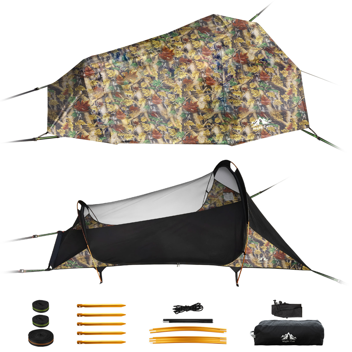 Night Cat Flat Lay Hammock Tent: Portable Lightweight Camping Hammock with Mosquito Net Waterproof Rainfly for 1 Person Outdoor Camping Green