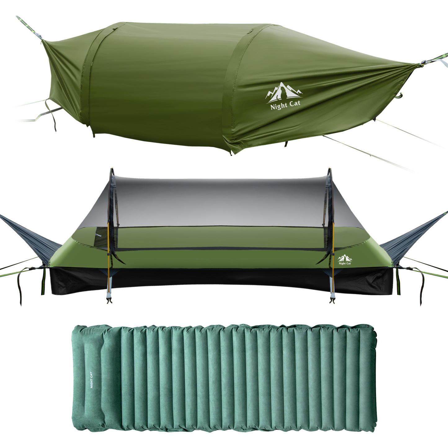 Night Cat Flat Lay Hammock Tent with Mosquito Net Waterproof Rainfly for 1 Person Backpacking Hiking Camping Lightweight 330LBS 87x28x19in without sleeping pad