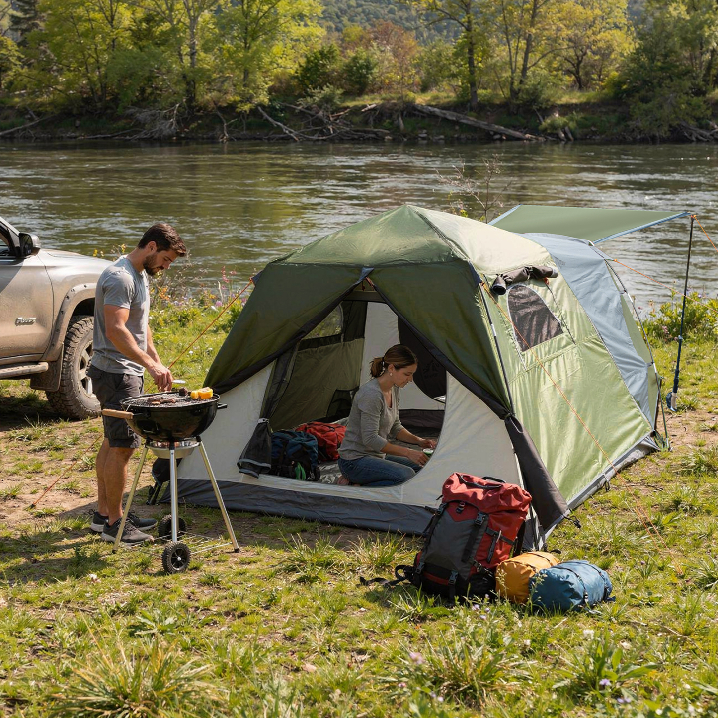 Night Cat Black Out Cabin Tent with Vestibule: 3 Persons Pop Up Camping Tent Double Layers Easy Quick Setup Waterproof
