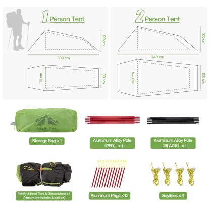 Night Cat 1 Person Tunnel Tent: Ultralight Backpacking Tent Waterproof for Camping Travel Wild