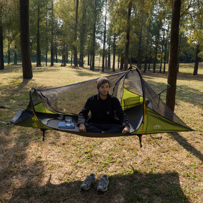 Night Cat Flat Lay Hammock Tent: Portable Lightweight Camping Hammock with Mosquito Net Waterproof Rainfly for 1 Person Outdoor Camping Green