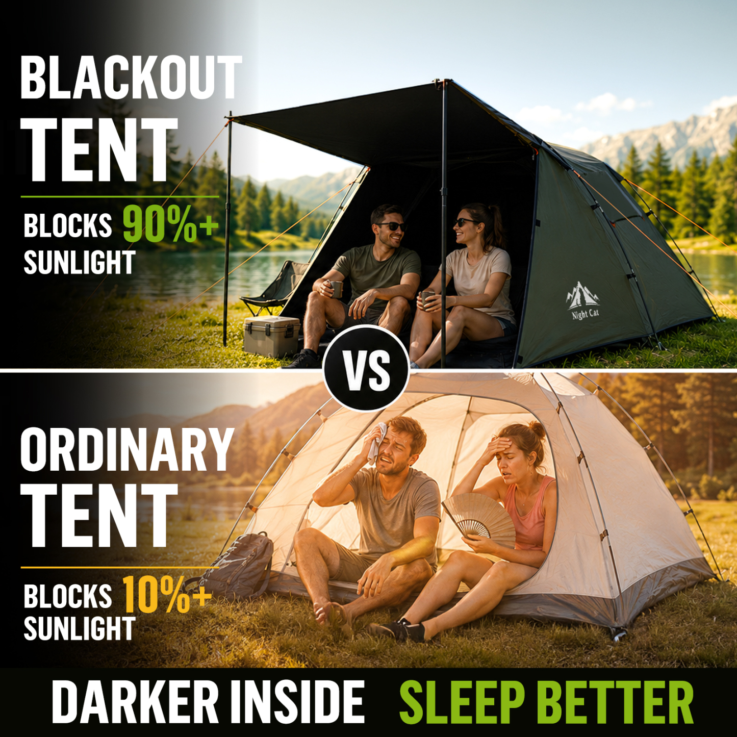 Night Cat Black Out Cabin Tent with Vestibule: 3 Persons Pop Up Camping Tent Double Layers Easy Quick Setup Waterproof