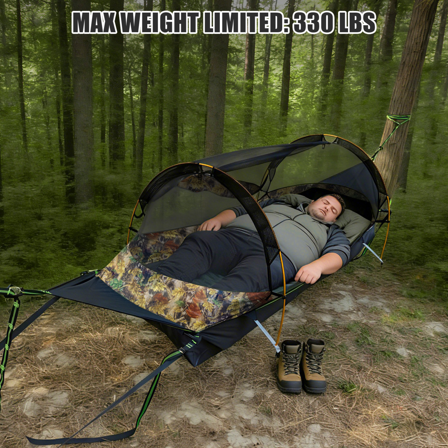 Night Cat Flat Lay Hammock Tent with Mosquito Net Waterproof Rainfly for 1 Person Backpacking Hiking Camping Lightweight 330LBS 87x28x19in without sleeping pad