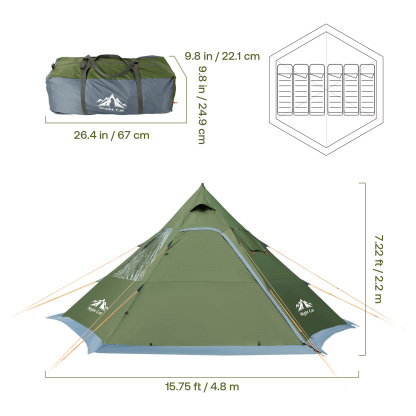 Night Cat Tipi Hot Tent: 4 Season Family Camping Tent with Stove Jack | Winter Cold Weather 3-6 Persons Snow Skirt Large Waterproof Glamping Outdoor