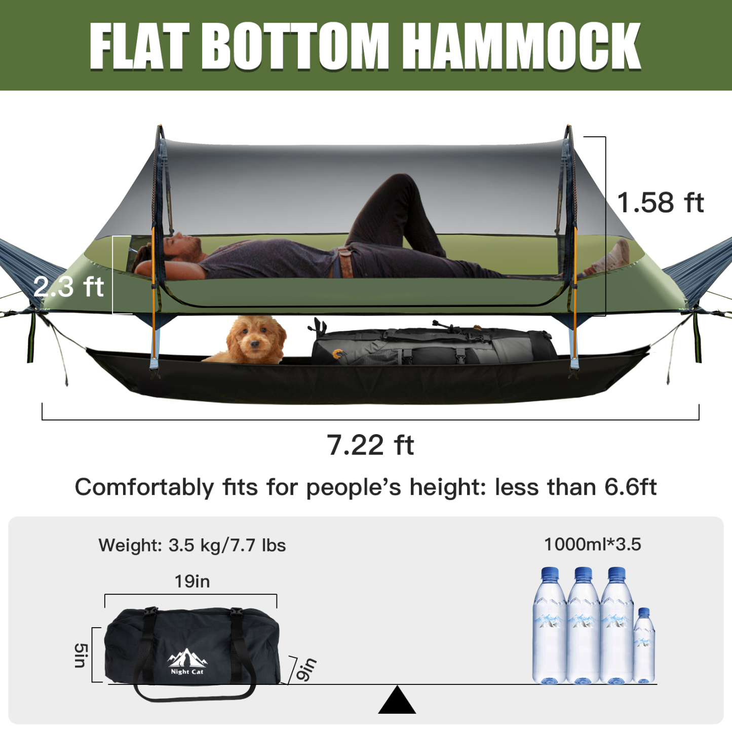 Night Cat Flat Lay Hammock Tent with Mosquito Net Waterproof Rainfly Storage Room for 1 Person Backpacking Hiking Camping Lightweight 440LBS 87x28x19in Army Green