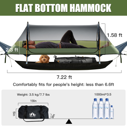 Night Cat Flat Lay Hammock Tent with Mosquito Net Waterproof Rainfly Storage Room for 1 Person Backpacking Hiking Camping Lightweight 440LBS 87x28x19in Army Green