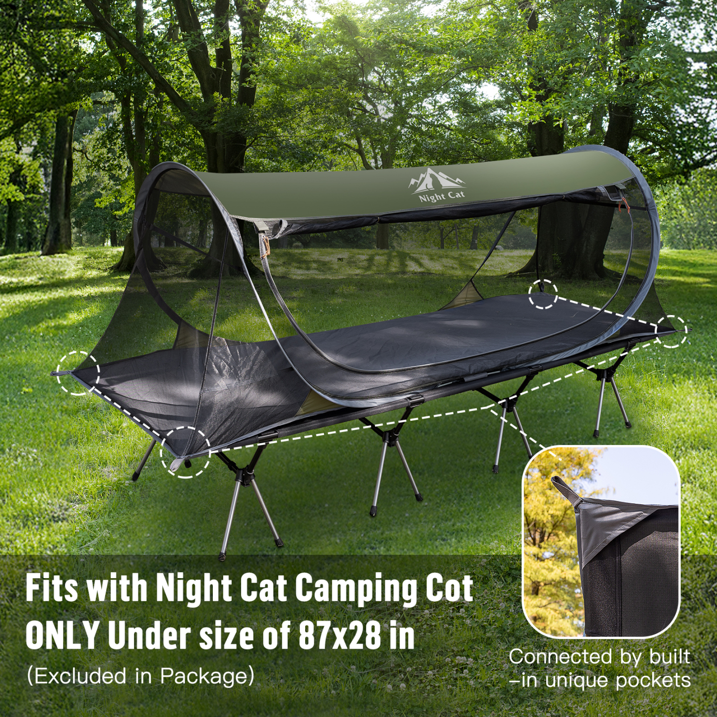 Night Cat Pop-up Mosquito Tent: 1 Person Camping Tent with Bug Screen Net Easy Set-up Tent Fits with Camping Cot (Exclueded)