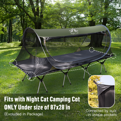 Night Cat Pop-up Mosquito Tent: 1 Person Camping Tent with Bug Screen Net Easy Set-up Tent Fits with Camping Cot (Exclueded)