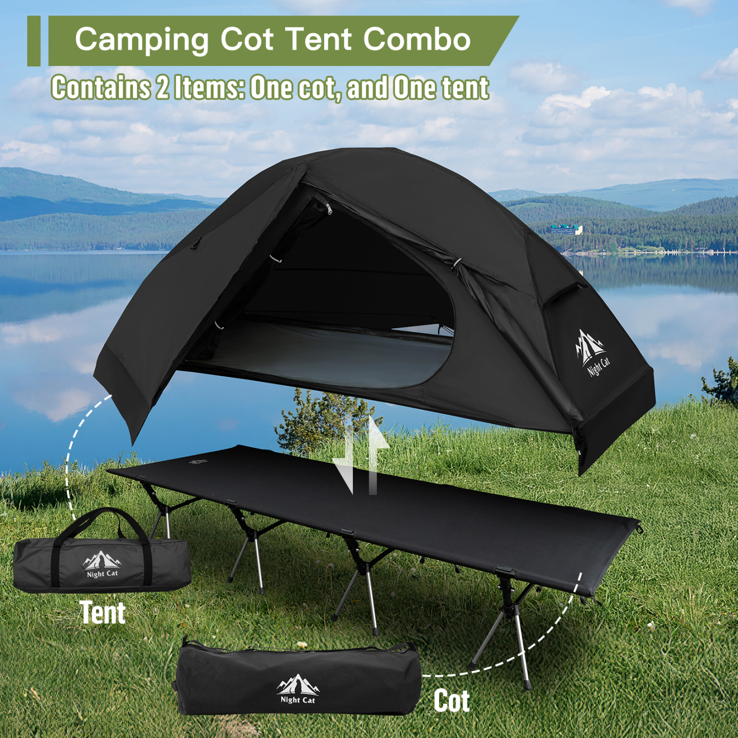 Night Cat Camping Cot Tent Waterproof 1 Person Off-Ground Combo Cot Bed for Adults Portable Easy Set-up Tent 27.5'' Width