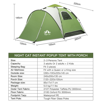 Night Cat Instant Popup Tents 2-3 Persons with Footprint Tarp Easy Setup Camping Tent with Rainfly Double Layers Waterproof Automatic Hydraulic Mechaism