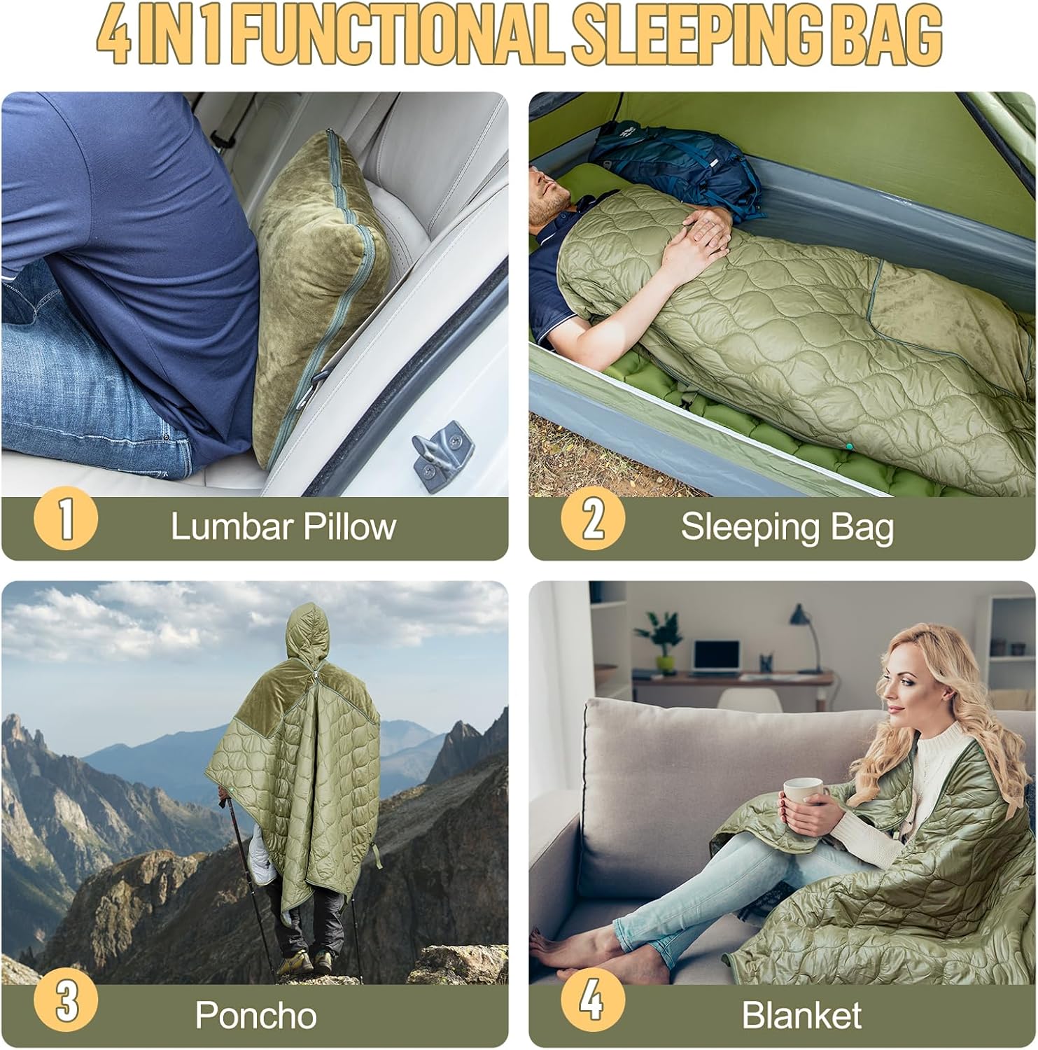 Night Cat Sleeping Bag for Camping 4 in 1 Poncho for Adults Ultralight Wearable Quilt 3 Seasons Suitable for 1 Person