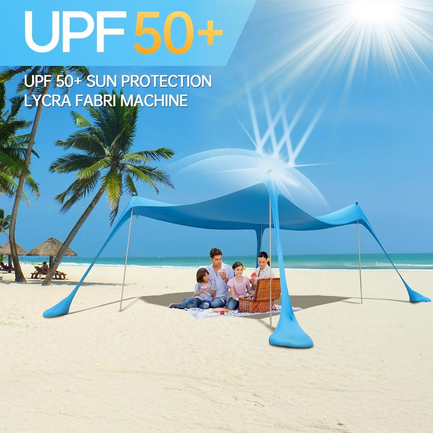 Night Cat Beach Tent Sun Protection Awning UPF 50+ UV Protection with Sand Anchor Aluminium Poles for Beach