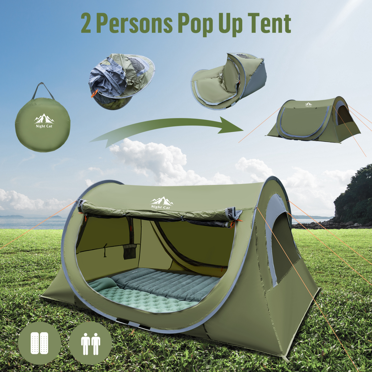 Night Cat Pop Up Tent 1 Person: Waterproof Camping Tent Easy Setup for Picnic Festival in Park Backyard