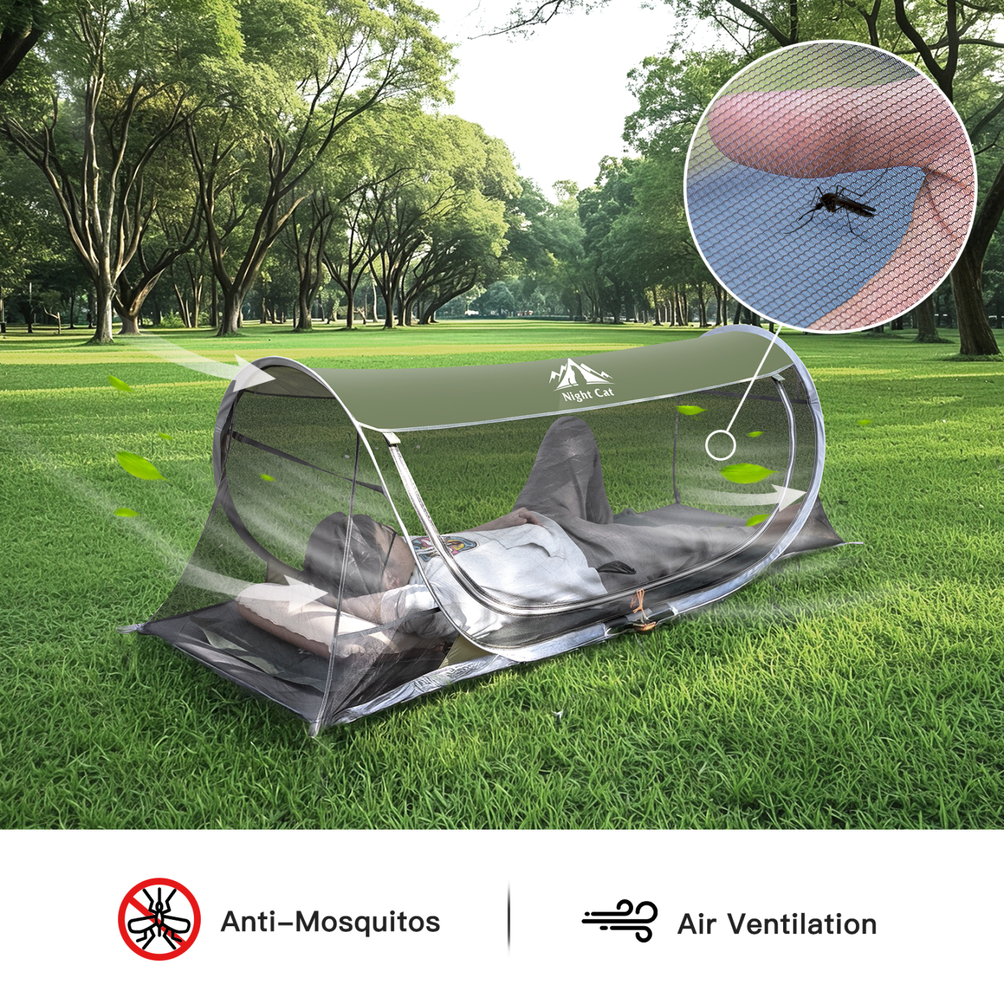 Night Cat Pop-up Mosquito Tent: 1 Person Camping Tent with Bug Screen Net Easy Set-up Tent Fits with Camping Cot (Exclueded)