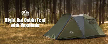 Night Cat Cabin Tent with Vestibule: 3 Persons Pop Up Camping Tent Double Layers Easy Quick Setup Waterproof