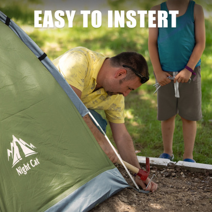 Night Cat Tent Stakes Pegs: 10 Pack Heavy Duty Metal Tent pegs with 2 Meters of Orange Windbreak Ropes*4 for Outdoor Camping Tent