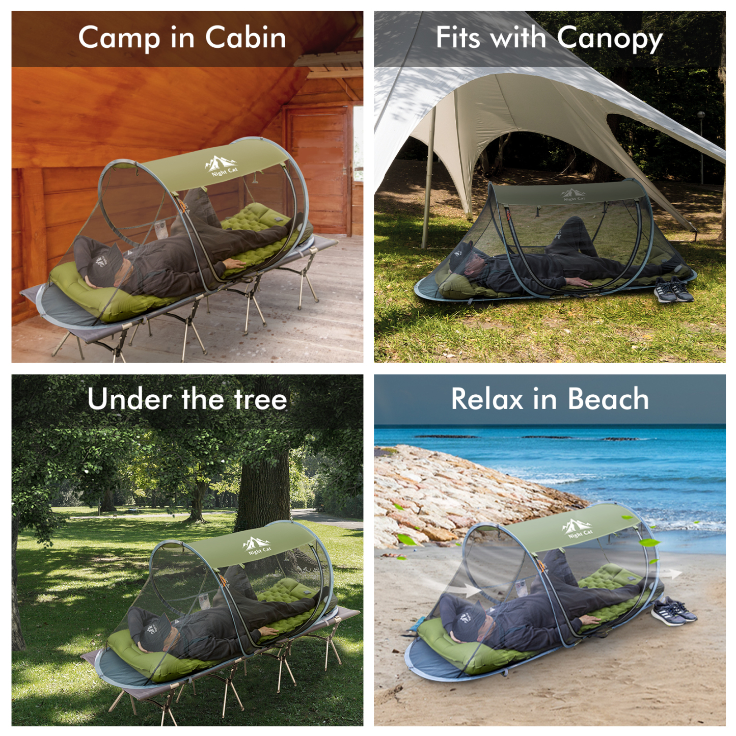 Night Cat Pop-up Mosquito Tent: 1 Person Camping Tent with Bug Screen Net Adults Kids Fits with Camping Cot (Exclueded)