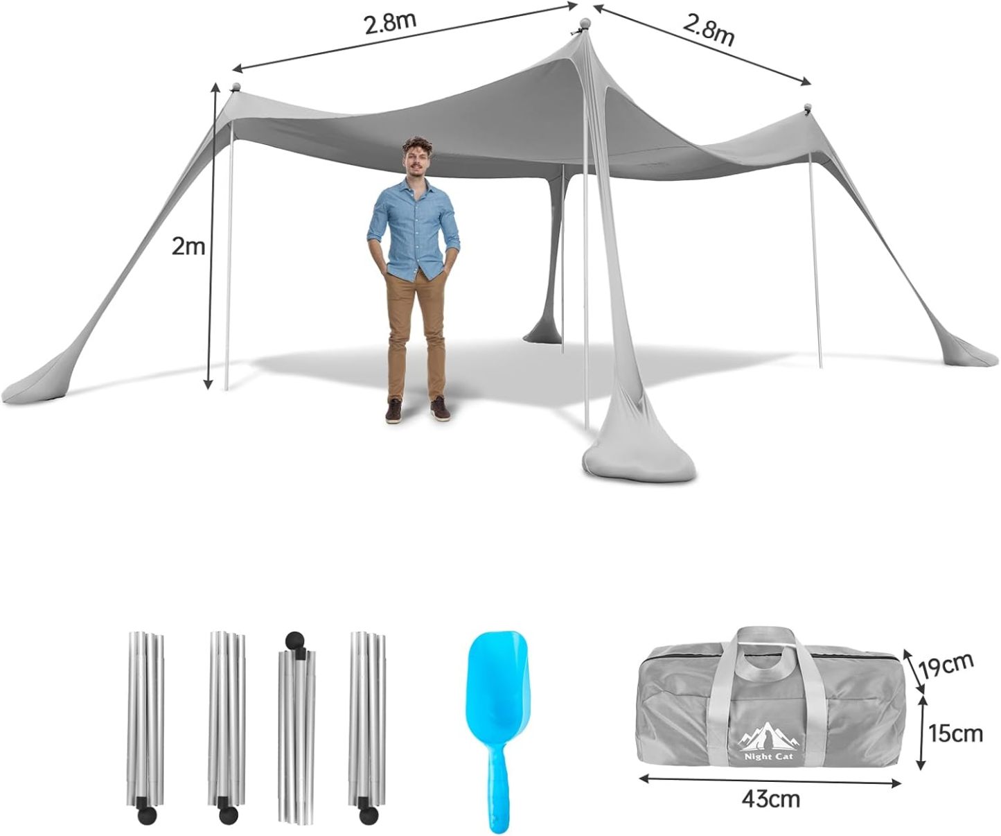 Night Cat Beach Tent Sun Protection Awning UPF 50+ UV Protection with Sand Anchor Aluminium Poles for Beach