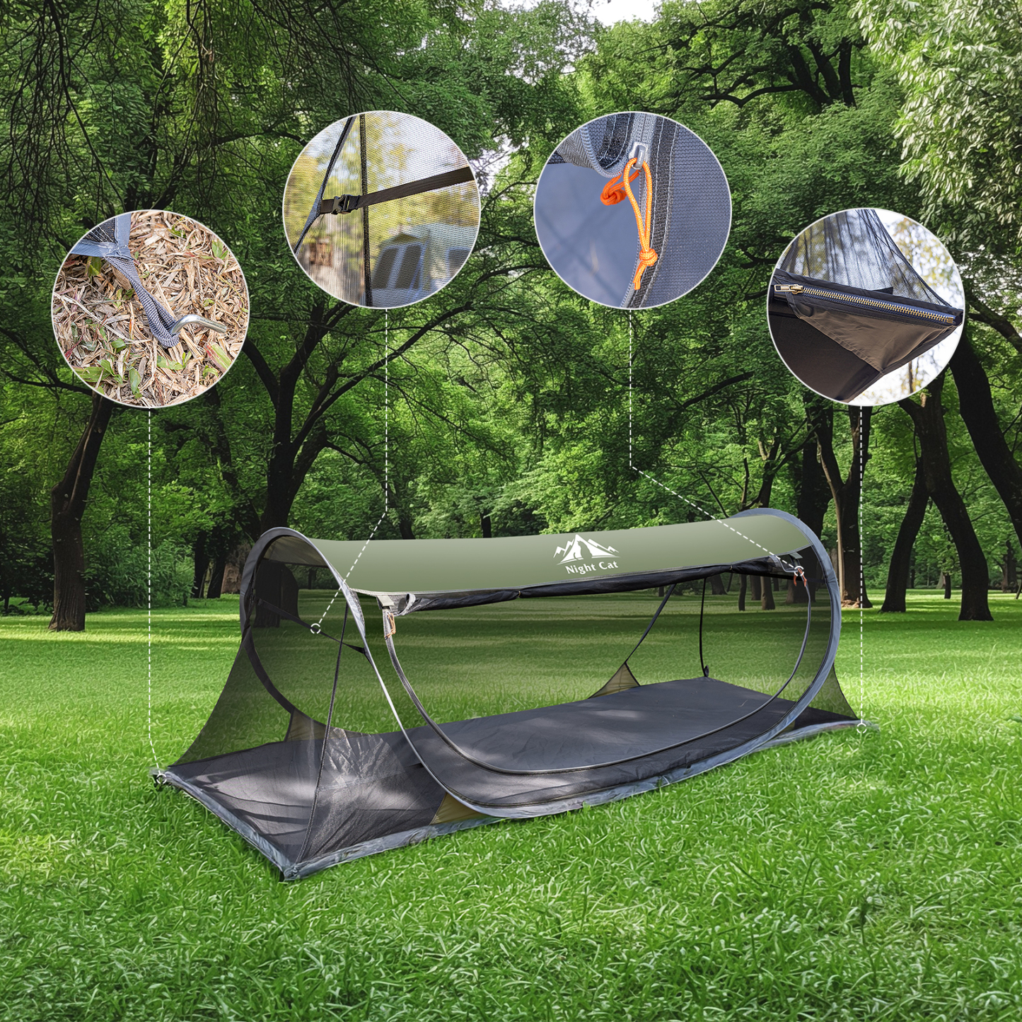 Night Cat Pop-up Mosquito Tent: 1 Person Camping Tent with Bug Screen Net Easy Set-up Tent Fits with Camping Cot (Exclueded)