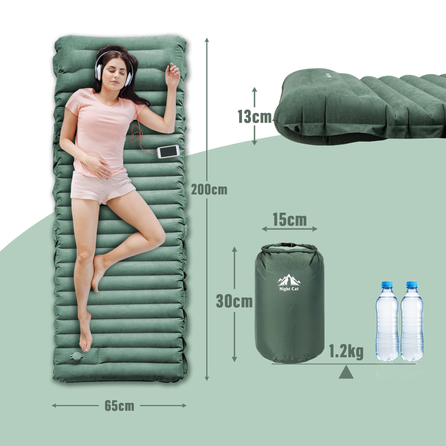 Night Cat Sleeping Pad for Camping - Ultralight Inflatable Sleeping Mat with Built-in Pillow and Foot Pump