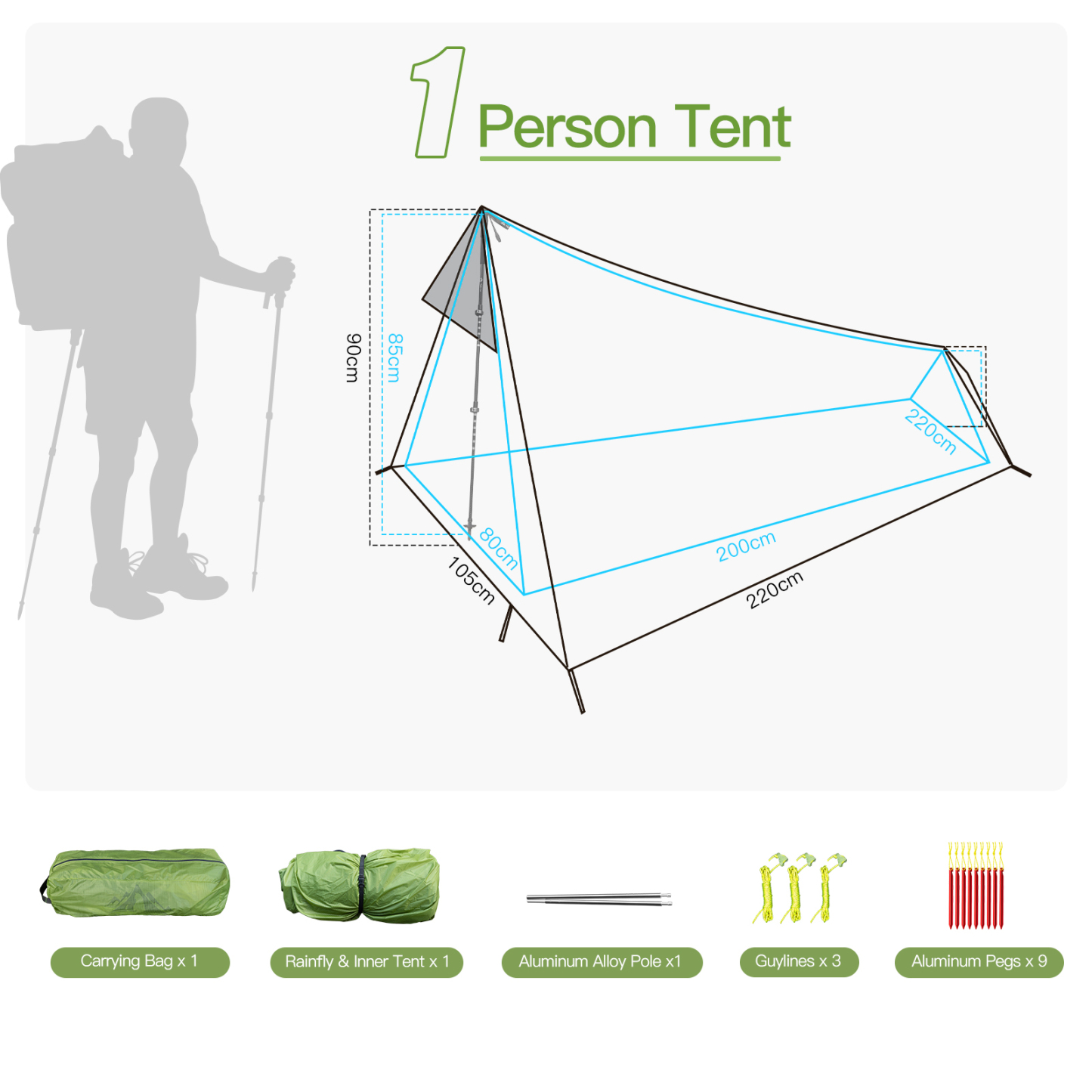 Night Cat 1 Man Ultralight Tent: Waterproof Lightweight PU5000MM Tent Silnylon 15D 1.1kg 1 Person for Camping Backpacking Hiking