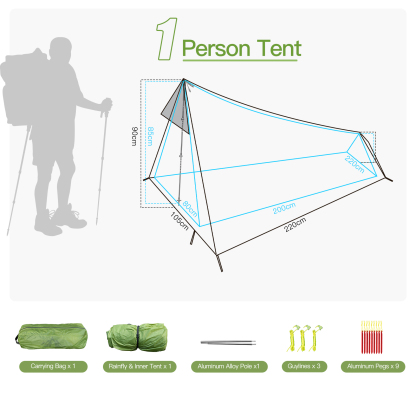Night Cat 1 Man Ultralight Tent: Waterproof Lightweight PU5000MM Tent Silnylon 15D 1.1kg 1 Person for Camping Backpacking Hiking