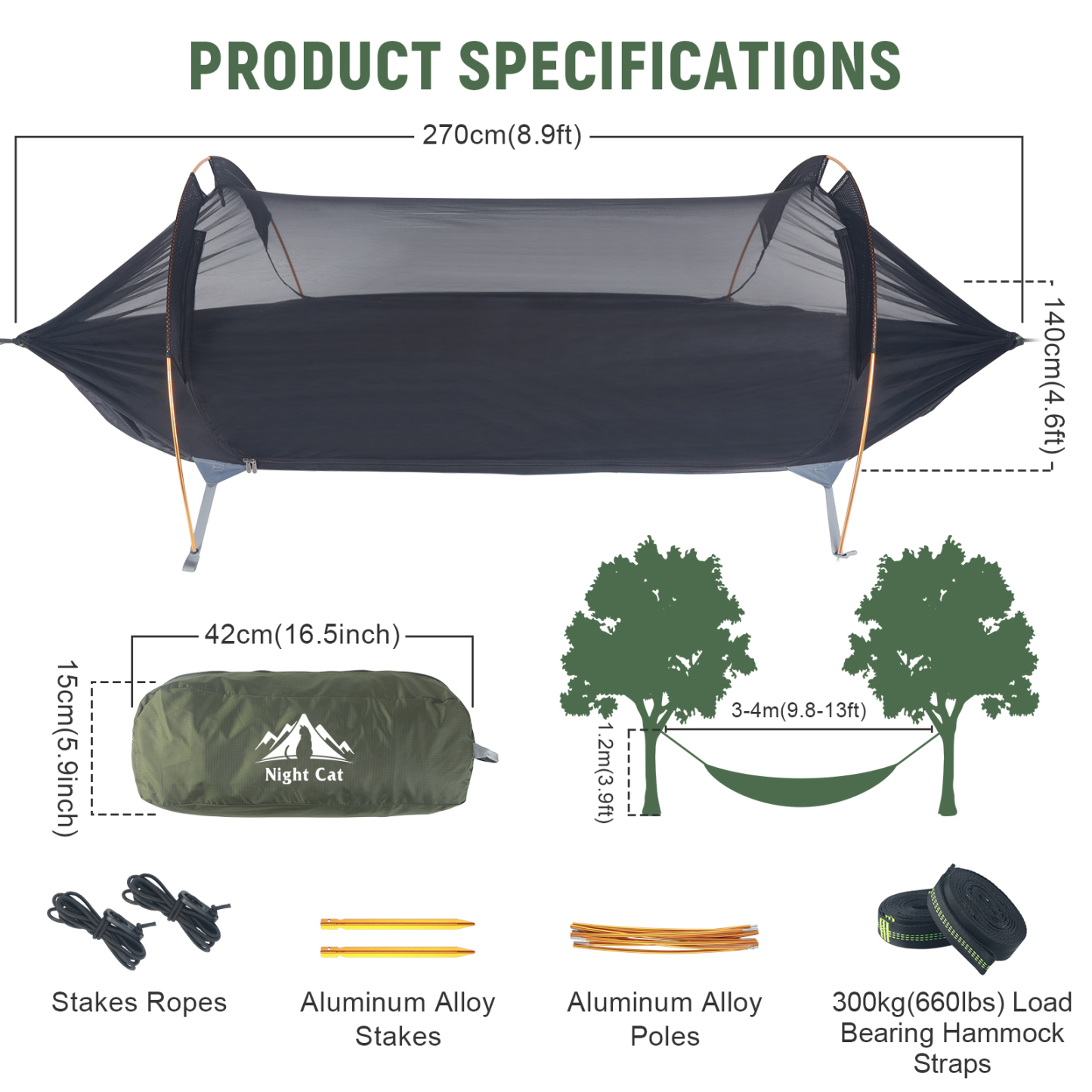  Night Cat Hammock Tent with Mosquito Net and Underquilt Set Waterproof Rainfly for 1 Person Hiking Camping in Garden Backyard Wild Dark Green