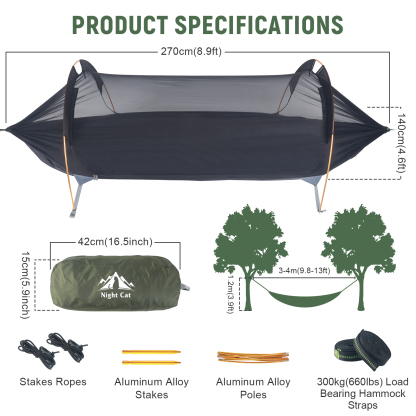  Night Cat Hammock Tent with Mosquito Net and Underquilt Set Waterproof Rainfly for 1 Person Hiking Camping in Garden Backyard Wild Dark Green