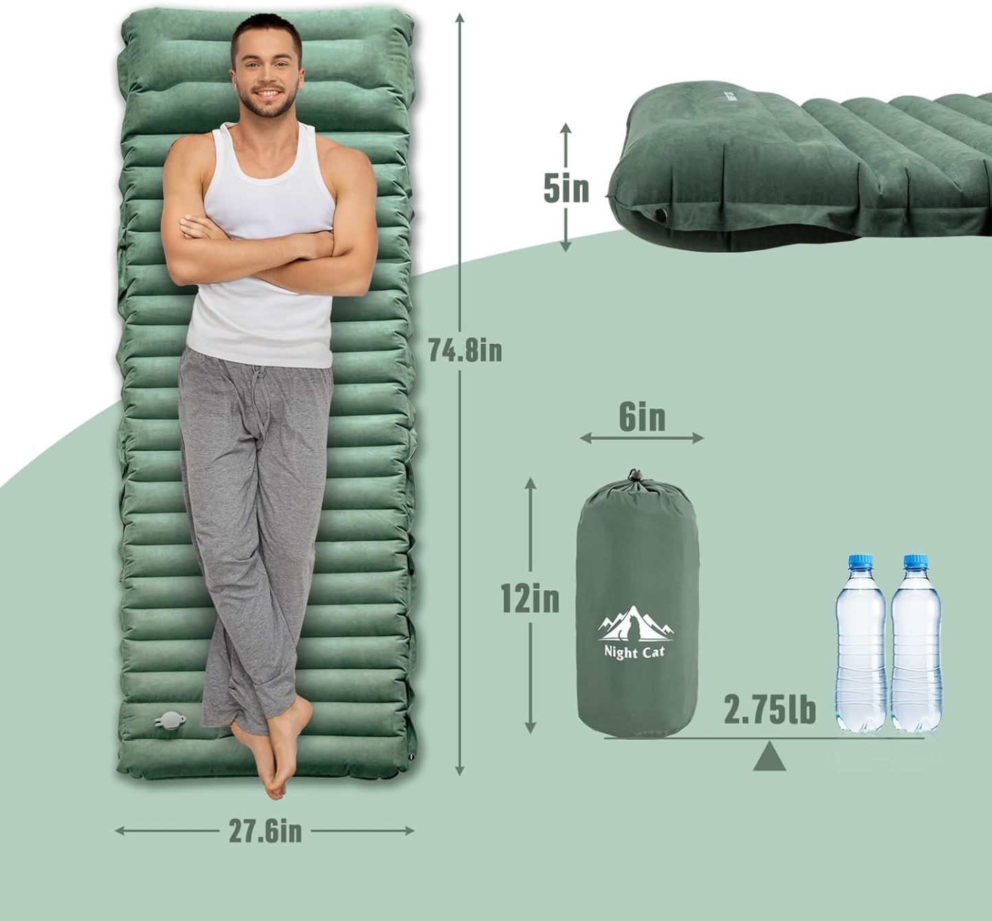 Night Cat Sleeping Pad for Camping - Ultralight Inflatable Sleeping Mat with Built-in Pillow & Foot Pump