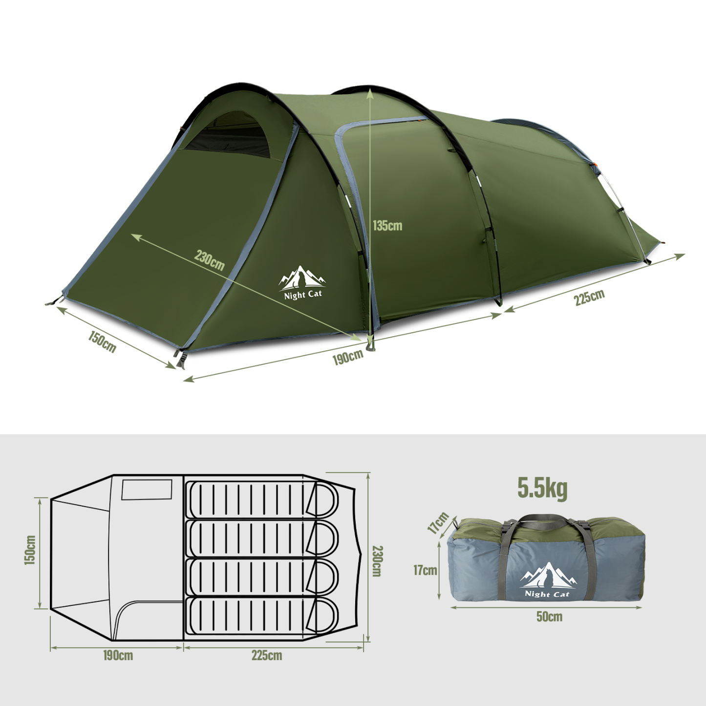Night Cat Tunnel Tent for Camping: Lightweight Camping Tent 4 Person Tent with Porch Waterproof Family Weekend Camping