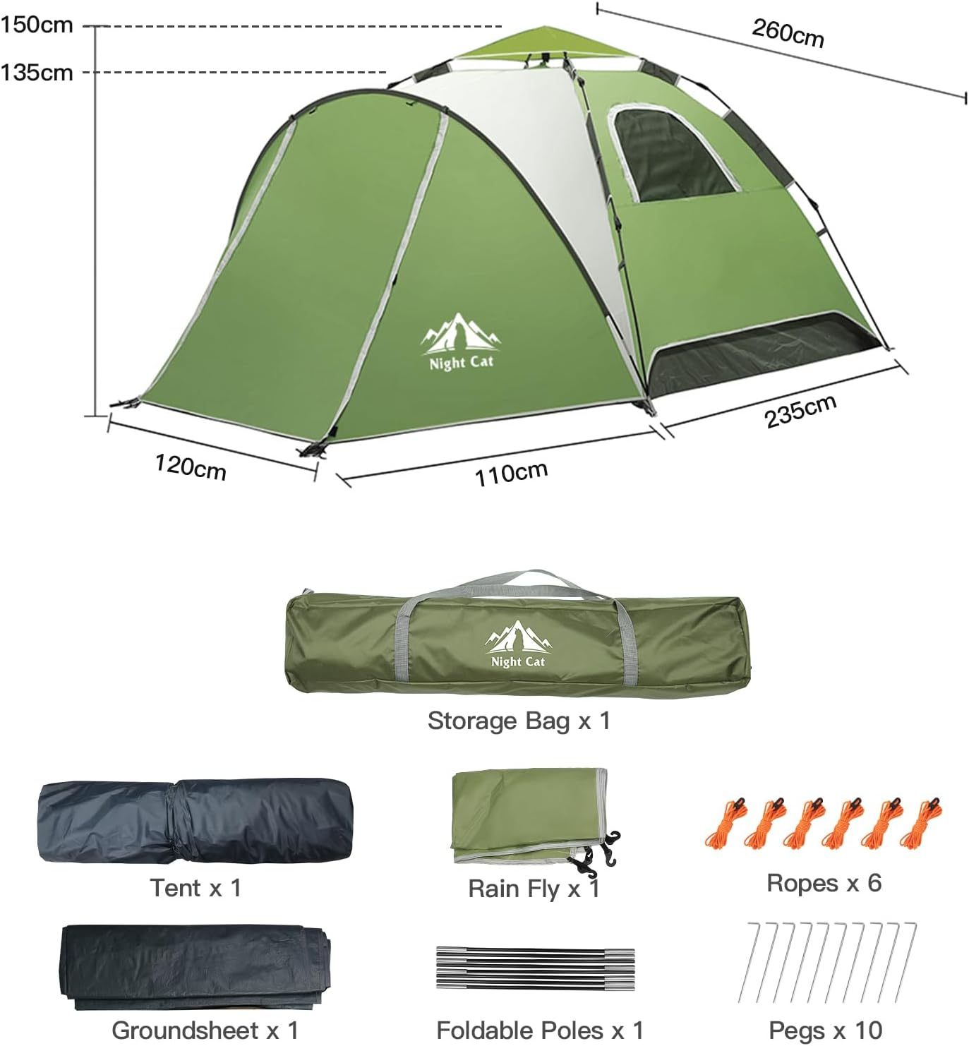 Night Cat Instant Popup Tents 2-3 Persons with Footprint Tarp Easy Setup Camping Tent with Rainfly Double Layers Waterproof Automatic Hydraulic Mechaism