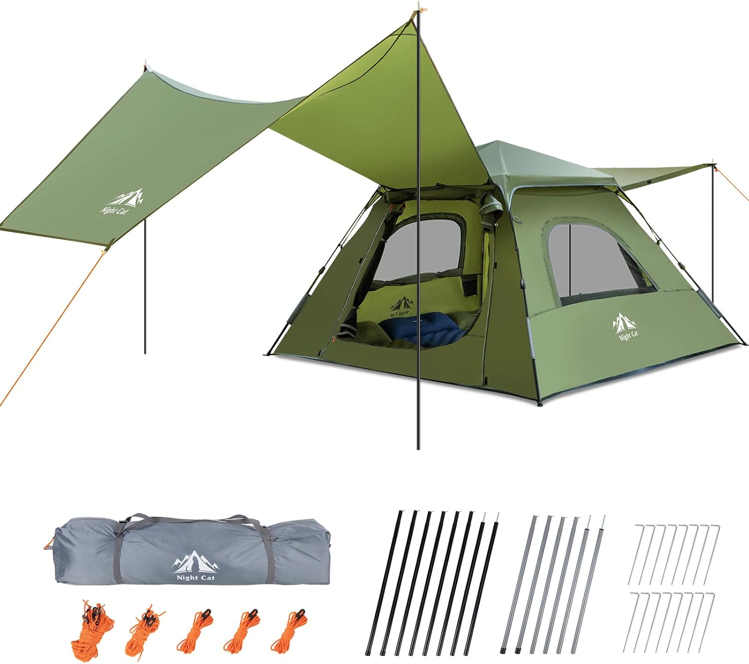 Night Cat Instant Cabin Tent with Canopy Tarp 3 Persons Waterproof Pop Up Tent for Family Camping 2 in 1 Canopy Tent with Porch Automatic Easy Set Up Outdoor
