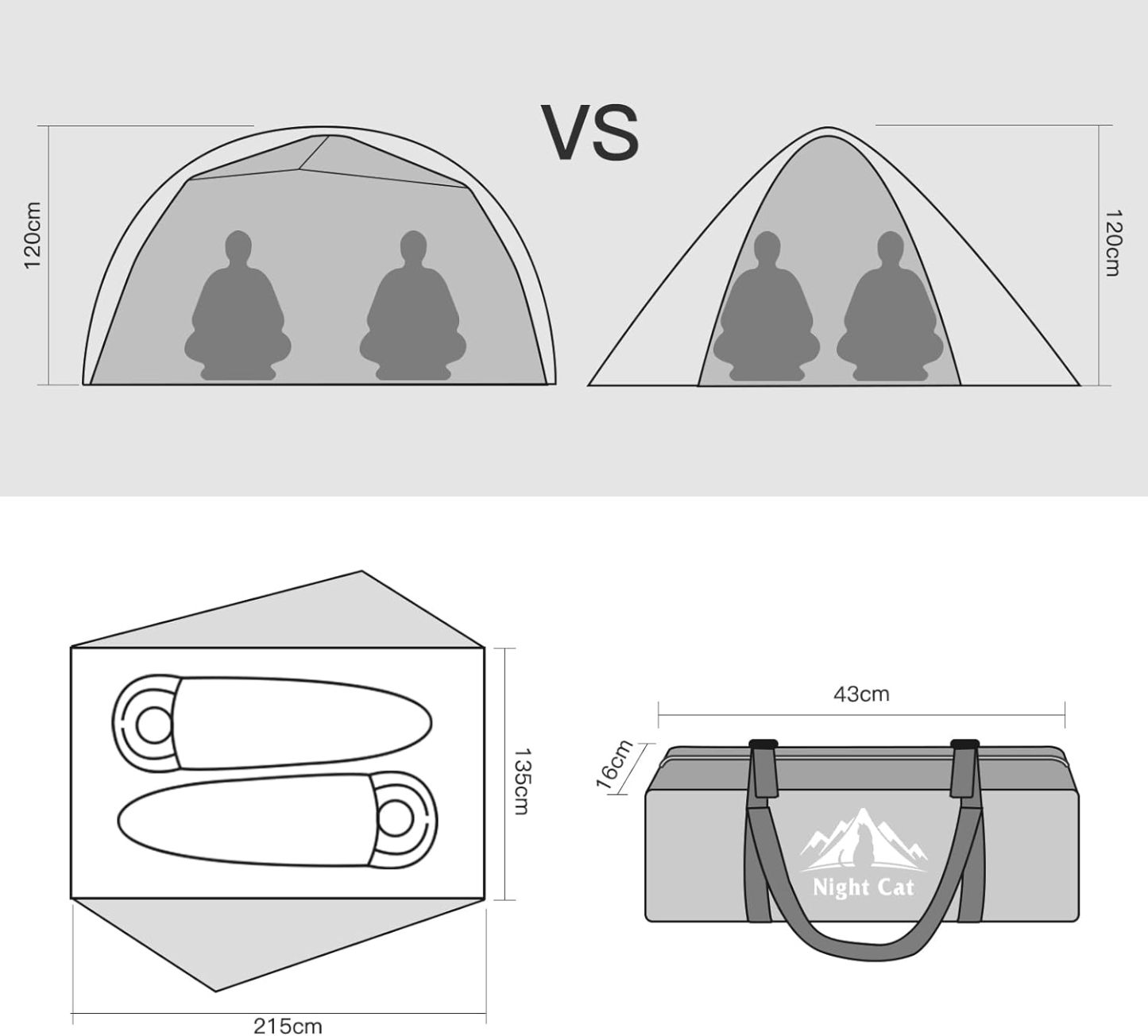 Night Cat Backpacking Tents 2 Persons with Separated Rainfly Aluminium Pole