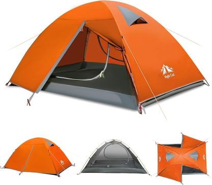 Night Cat Backpacking Tent 2 Persons with Aluminium Pole Double Layers Camping Tent Adults Rainproof Lightweight Easy Setup Two Doors Hiking Mountaineering 2.2x1.4m