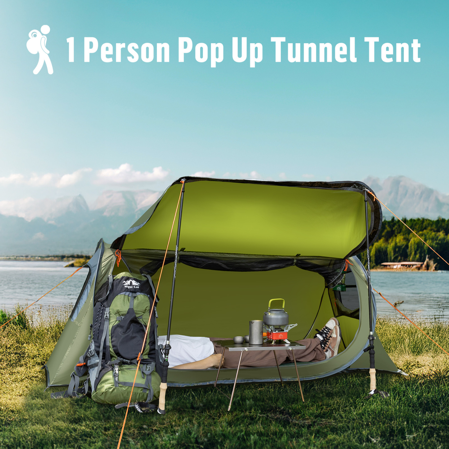 Night Cat Pop-up Camping Tent: 1 Person Tent Waterproof Instant Easy Setup Tunnel Tent Fits with Camping Cot (Excluded)