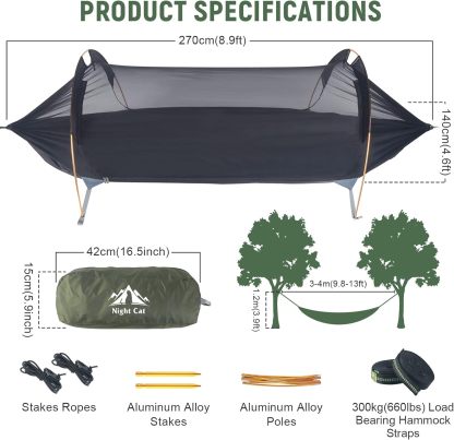 Night Cat Hammock Tent with Storage Pocket for Sleeping Pad(Exclude) with Bug Net and Rainfly 1 Persons