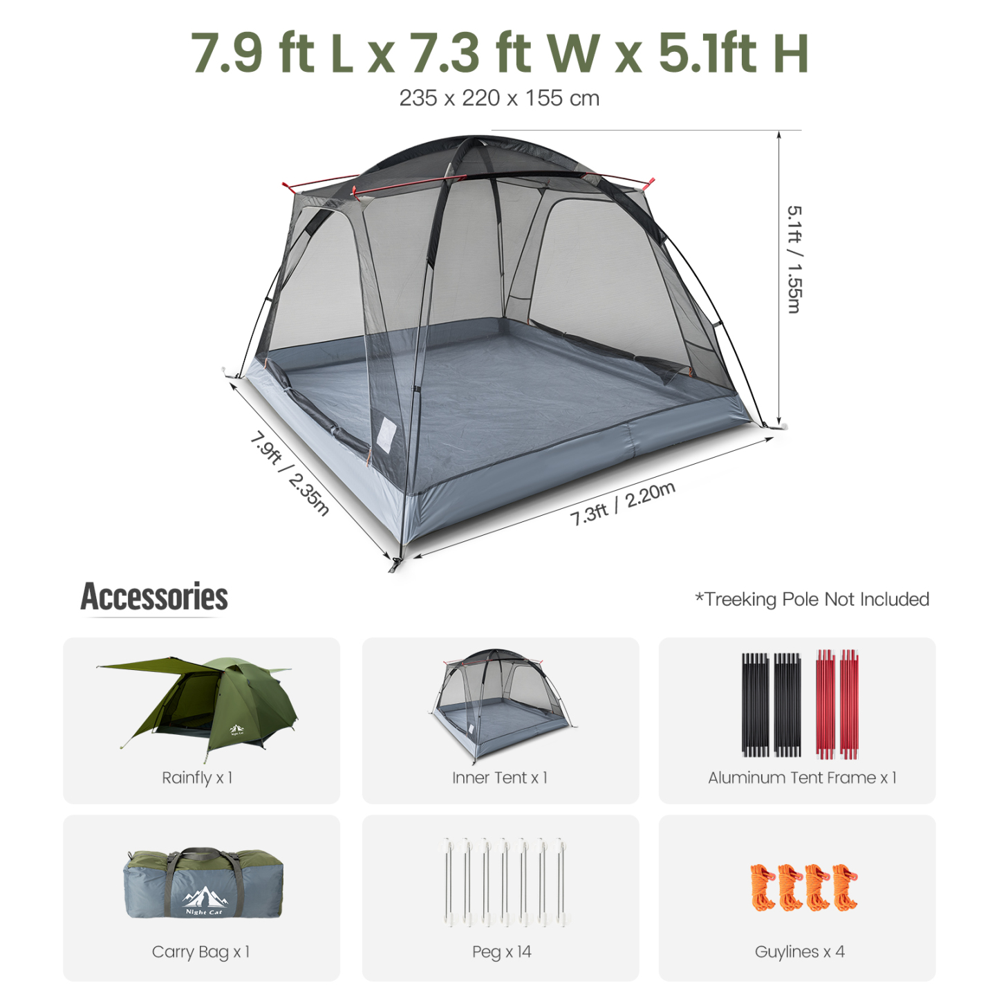 Night Cat 4-Persons Camping Tent: Waterproof Easy Setup Famliy Tent | Backpacking Lightweight Hiking 3 Season 7.8x7.3x5.1ft Green 10Lbs