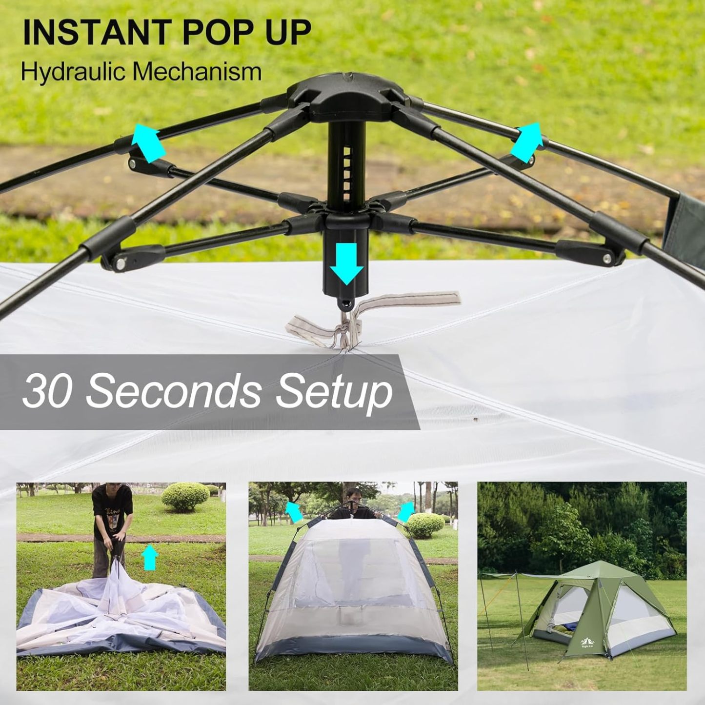 Night Cat Instant Cabin Tent with Rainfly 2-3 Persons Waterproof Pop Up Tents with Porch for Family Camping Double Layers Automatic Hydraulic Easy Set Up Outdoor