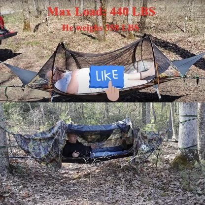 Night Cat Flat Lay Hammock Tent with Mosquito Net Waterproof Rainfly Storage Room for 1 Person Backpacking Hiking Camping Lightweight 440LBS 87x28x19in Army Green