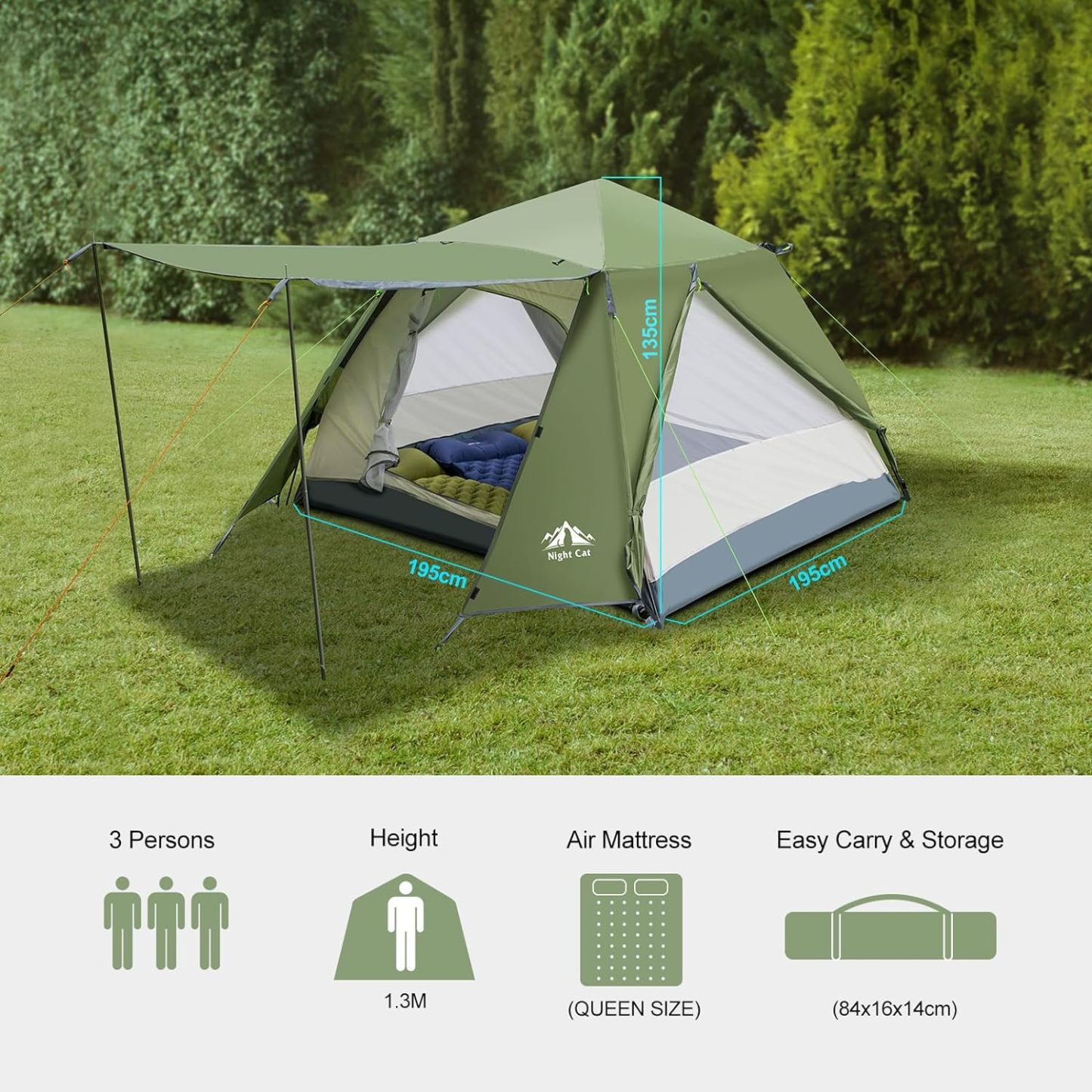 Night Cat Instant Cabin Tent with Rainfly 2-3 Persons Waterproof Pop Up Tents with Porch for Family Camping Double Layers Automatic Hydraulic Easy Set Up Outdoor