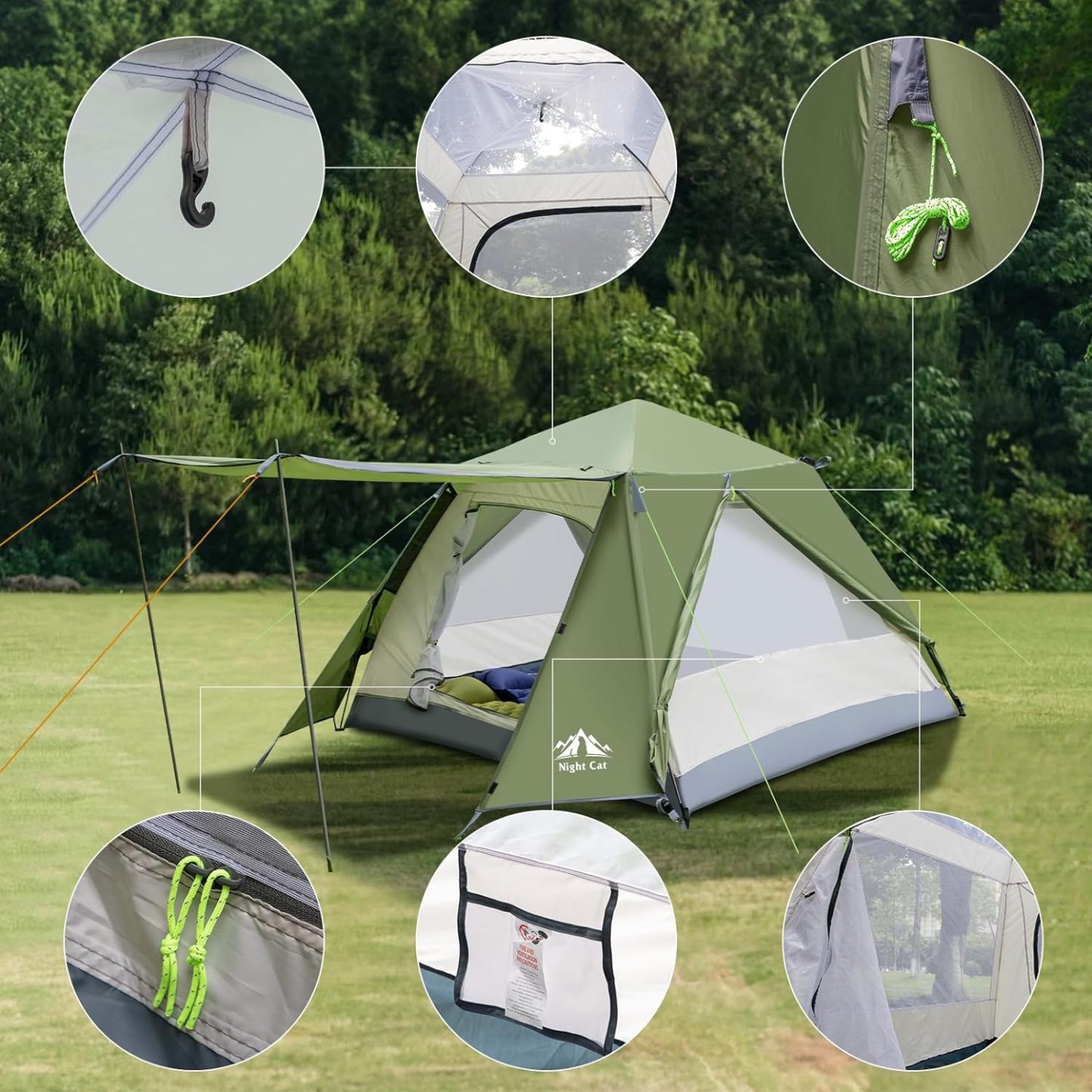 Night Cat Instant Cabin Tent with Rainfly 2-3 Persons Waterproof Pop Up Tents with Porch for Family Camping Double Layers Automatic Hydraulic Easy Set Up Outdoor