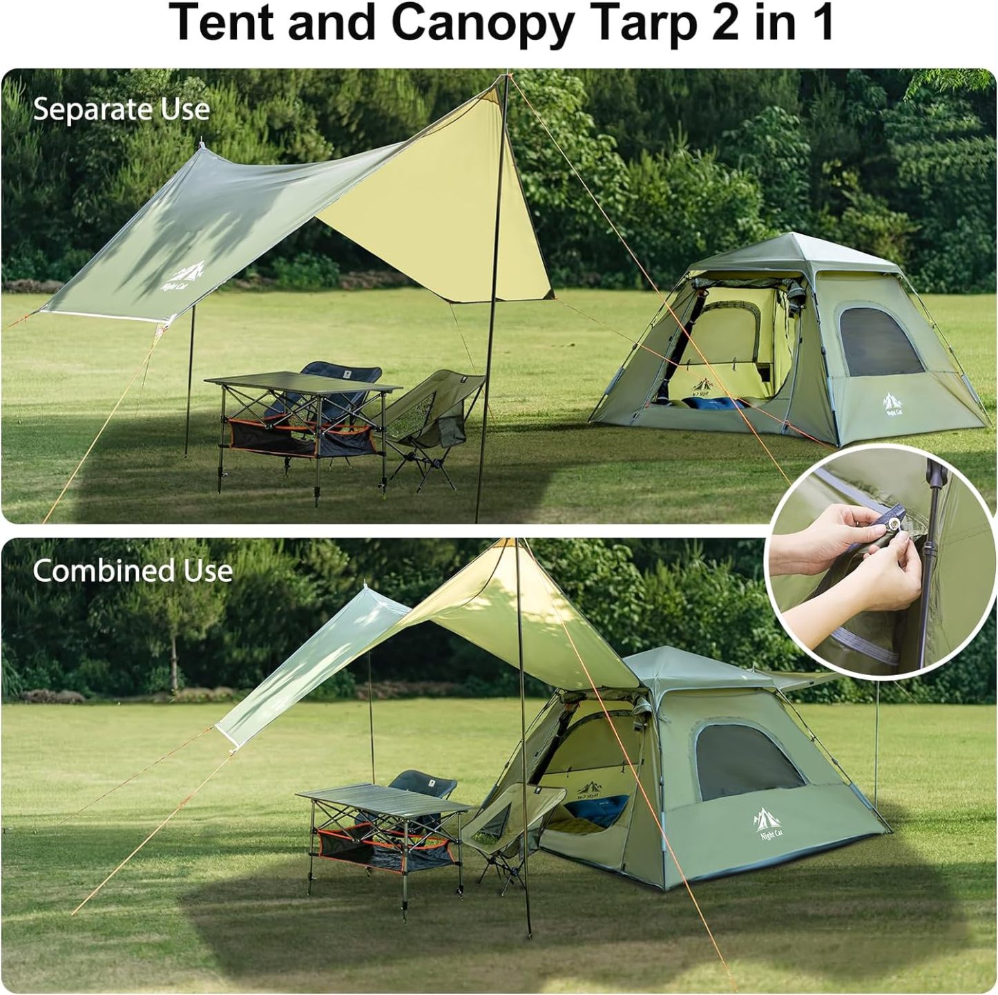 Night Cat Instant Cabin Tent with Canopy Tarp 3 Persons Waterproof Pop Up Tent for Family Camping 2 in 1 Canopy Tent with Porch Automatic Easy Set Up Outdoor