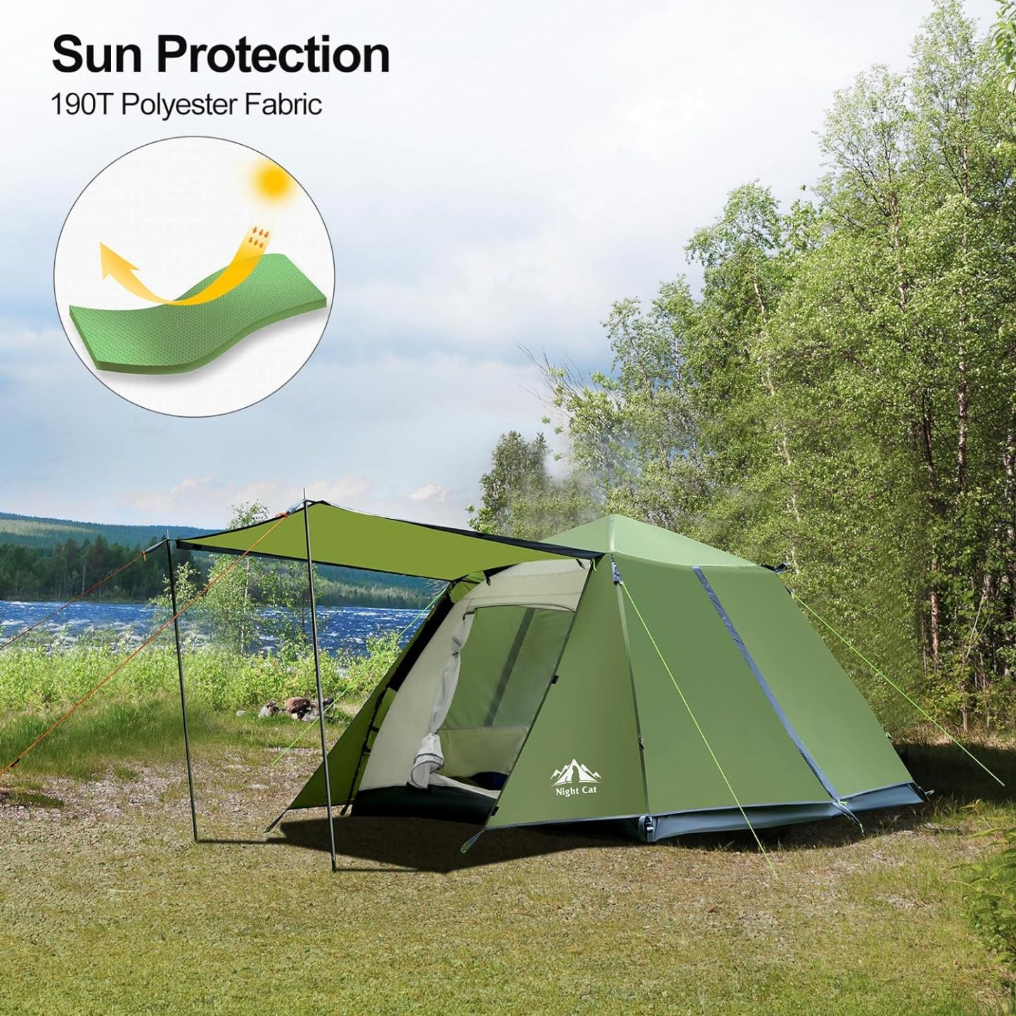 Night Cat Instant Cabin Tent with Rainfly 2-3 Persons Waterproof Pop Up Tents with Porch for Family Camping Double Layers Automatic Hydraulic Easy Set Up Outdoor