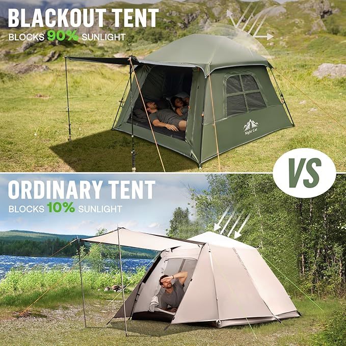 Night Cat Blackout Cabin Tent: 4 Person Pop Up Camping Tent with Vestibule & Rainfly Waterproof Instant Easy Setup Family Tent