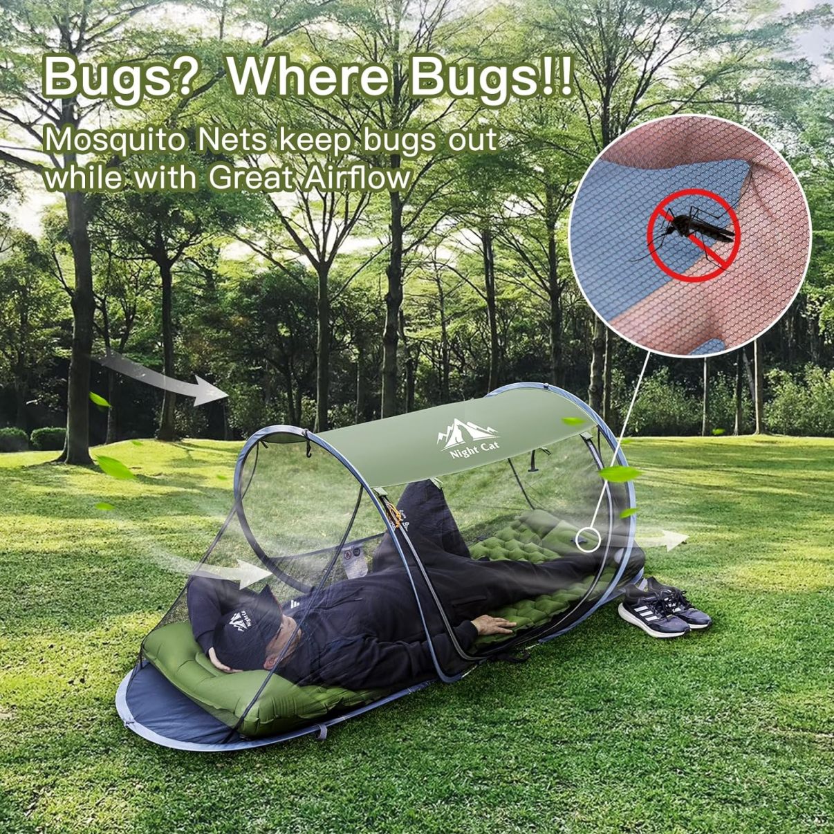 Night Cat Popup Mosquito Tent 1 Person Camping Tent with Bug Screen