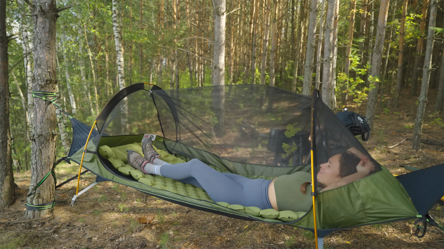 Night Cat Flat Lay Hammock Tent with Mosquito Net Waterproof Rainfly Storage Room for 1 Person Backpacking Hiking Camping Lightweight 440LBS 87x28x19in Army Green