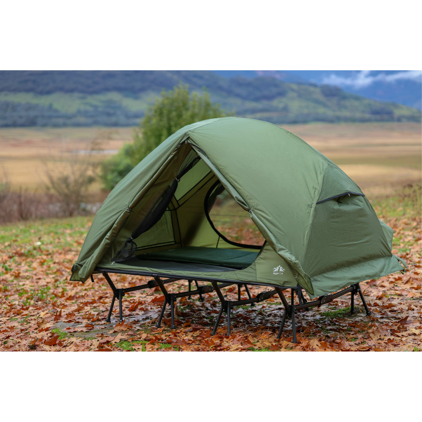 Night Cat 2-Person Cot Tent: Waterproof Vestibule Portable Tent Cot Combo for Outdoor Camping 87x51x40in 	51.1'' Width