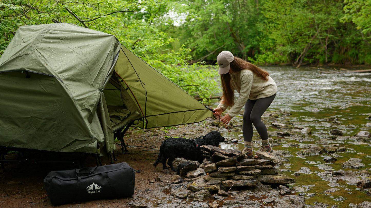 Night Cat 2-Person Cot Tent: Waterproof Vestibule Portable Tent Cot Combo for Outdoor Camping 87x51x40in 	51.1'' Width