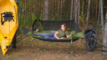 Night Cat Flat Lay Hammock Tent with Mosquito Net Waterproof Rainfly Storage Room for 1 Person Backpacking Hiking Camping Lightweight 440LBS 87x28x19in Army Green